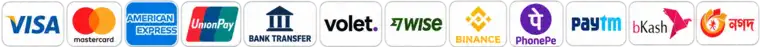 Accepted payment methods: Visa, Mastercard, American Express, UnionPay, bank transfer, Volet, Wise, Binance, PhonePe, Paytm, bKash, Nagad